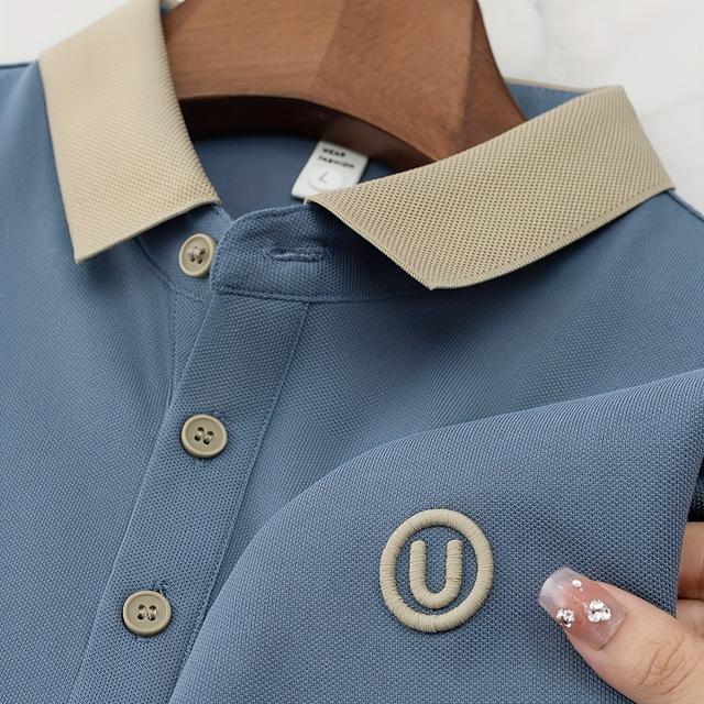 TEMU Camisa de Manga Corta para Hombre con Bordado de Lujo , Cuello de Color Contrastante, Camiseta Sólida , Top Transpirable y Holgado, Cómoda y Casual para Uso