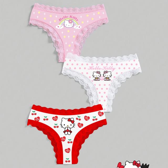 TEMU Sanrio HelloKitty Cartoon Regenbogen Polka Dot Liebe Kirsche Druck Süße Spitze Damenunterwäsche 3er-Set