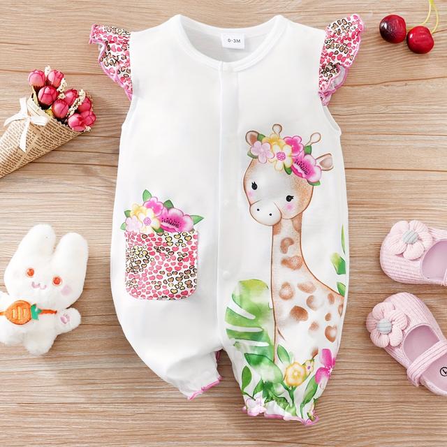 TEMU Summer Baby Romper With Cute Pattern And Flutter Sleeves, For Outdoor