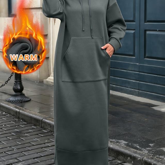 TEMU Plus Size - Plus-size Women's Fashion Solid Color Hoodie Dress, Featuring A Drawstring Hood And Large , Stylish Autumn And Winter Outfits