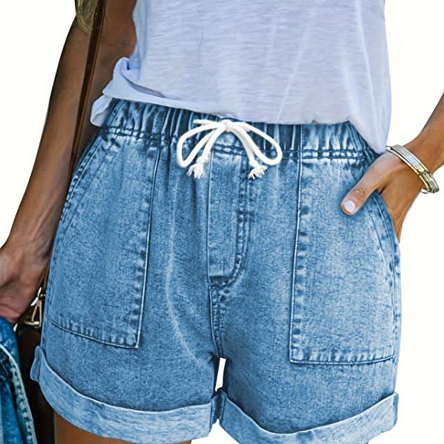 TEMU Women's High-waist Denim Shorts With Drawstring - Stretchy, Split Hem, Casual Fashion Jean Shorts For Spring/summer