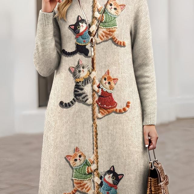TEMU Vestido de mujer con cuello y estampado - Jersey de manga larga con estampado de gato, visual, material , ideal para outfits de otoño e invierno