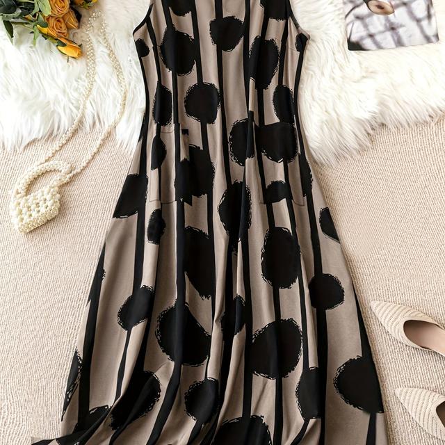 TEMU Vestido midi sin mangas para mujer, de poliéster 100%, cuello de tripulación, tejido no elástico, estampado de rayas circulares, 105g/m² - Moda y