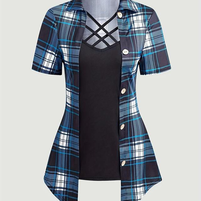 TEMU Print Mixed Media Blouse, Casual Short Sleeve Crisscross Neck Asymmetric Hem Top For , Women's Clothing