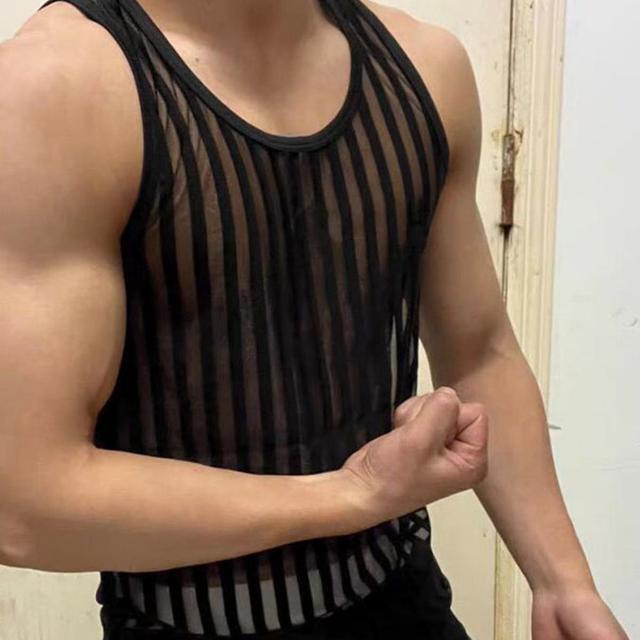 TEMU Incerun Men's Sleeveless Mesh Tank Top - Breathable Semi-sheer Striped Design, Regular Fit Summer Workout & Casual Shirt, Machine Washable, Summer Tank Tops
