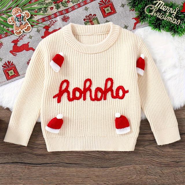 TEMU Adorable Girls' Christmas Sweater With Letter & Hat Embroidery - Cozy Long Sleeve Pullover For Fall/winter, Best For Christmas
