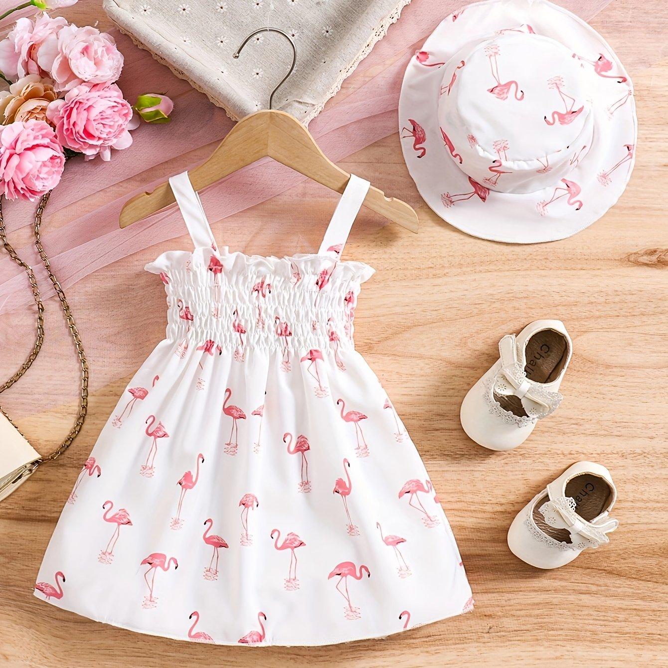 TEMU 0-3 Years Old Girls' Two-piece Set: Flamingo Print Halter Dress And Hat, Summer Outfit