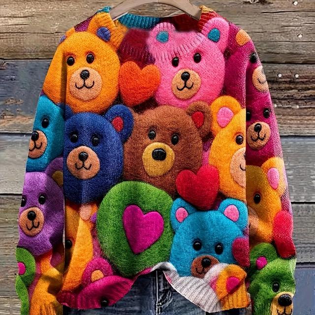 TEMU Pull Femme Décontracté à Manches Longues avec Imprimé 3D en Peluche et Cœur - Col Rond , Confortable Toutes , Design Coloré