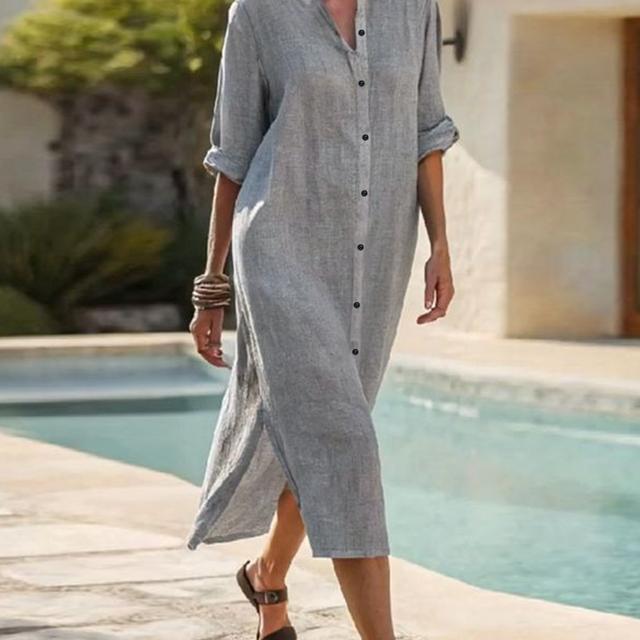 TEMU Elegant Plus Size Loose Fit Shirt Dress With Pockets - Light Blue, Long Sleeve, Button-up Collar, For Women, Casual Summer Dress | Buttonup Dress | Nonstretch Fabric