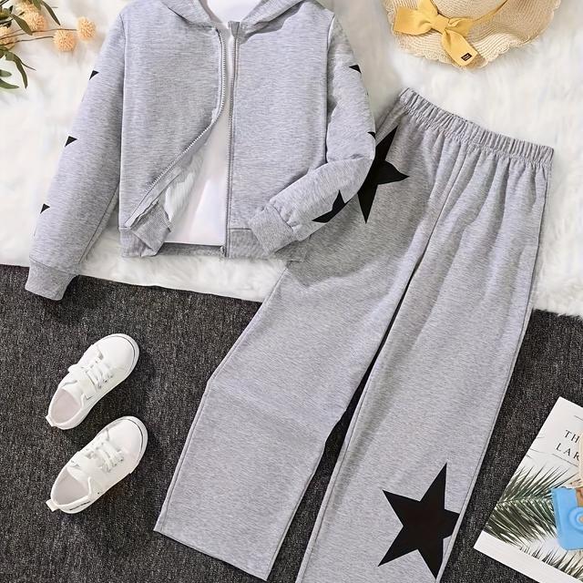 TEMU Girls' Star Pattern Print Suit, Girls' Medium And Large Size Zipper Hoodie With Wide Leg Trousers Two-piece Set For Autumn And Winter, Outdoor