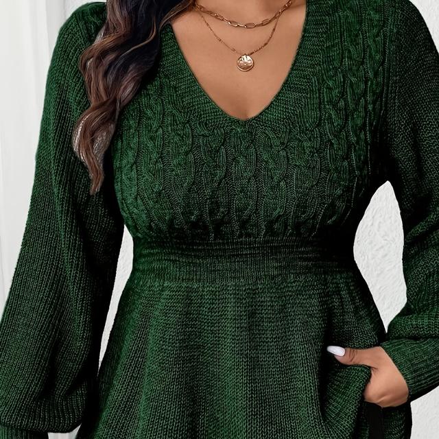 TEMU Plus Size, Women's Casual Solid Color V-neck Lantern Sleeve Waist-wrapped Braid