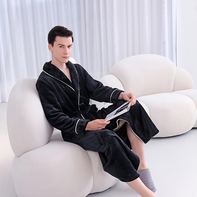 TEMU 남녀공용 플란넬 로브 - 긴팔, 두꺼운 따뜻한 파자마, 벨트와 포켓 포함, 가을/겨울에 완벽|잠옷|파자마