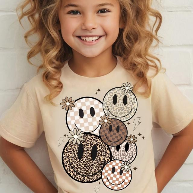 TEMU Chicfull Girls' Cartoon Leopard Print T-shirt, Casual Crew Neck Knit Top, 100% Polyester Stretch, Regular Fit Tee With Novelty Pattern