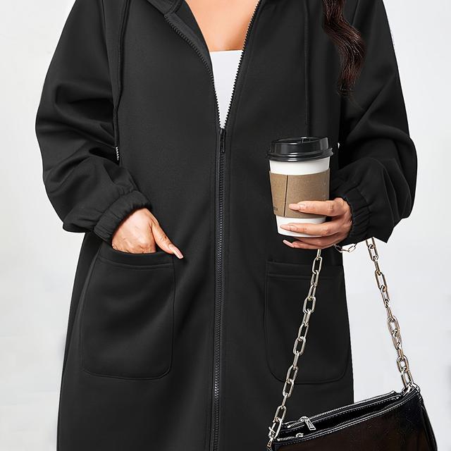 TEMU Minimalist High-end Loose Fashion Casual Solid Color Versatile Hooded Zipper Pocket Open Front Cardigan Women's