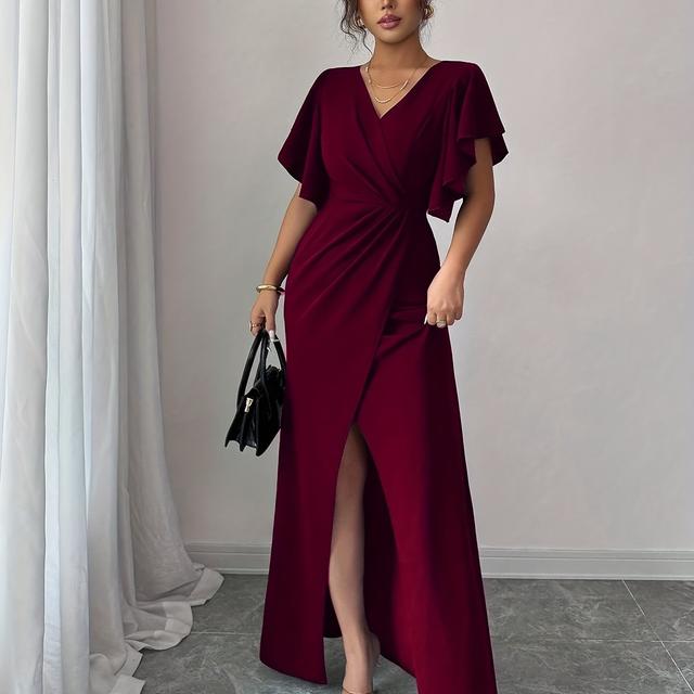 TEMU Women's Elegant Mermaid/a-line Party Dress With V-neck, Slit & Waist Wrinkle - Tailback Evening Gown For Weddings, , - Machine Washable Solid Color Formal Wear (s)