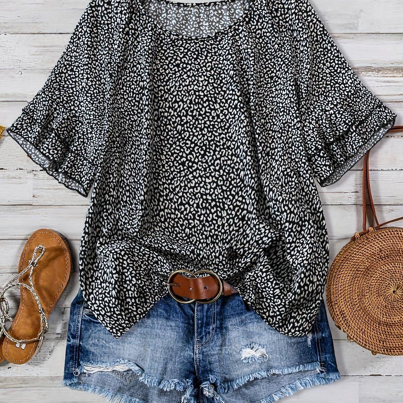 TEMU Women's Plus Size Leopard Print Round Neck Blouse - Elegant Sleeve Summer Shirt, Machine Washable Lightweight Top For Casual & Formal Outfits, Beach Outfit,
