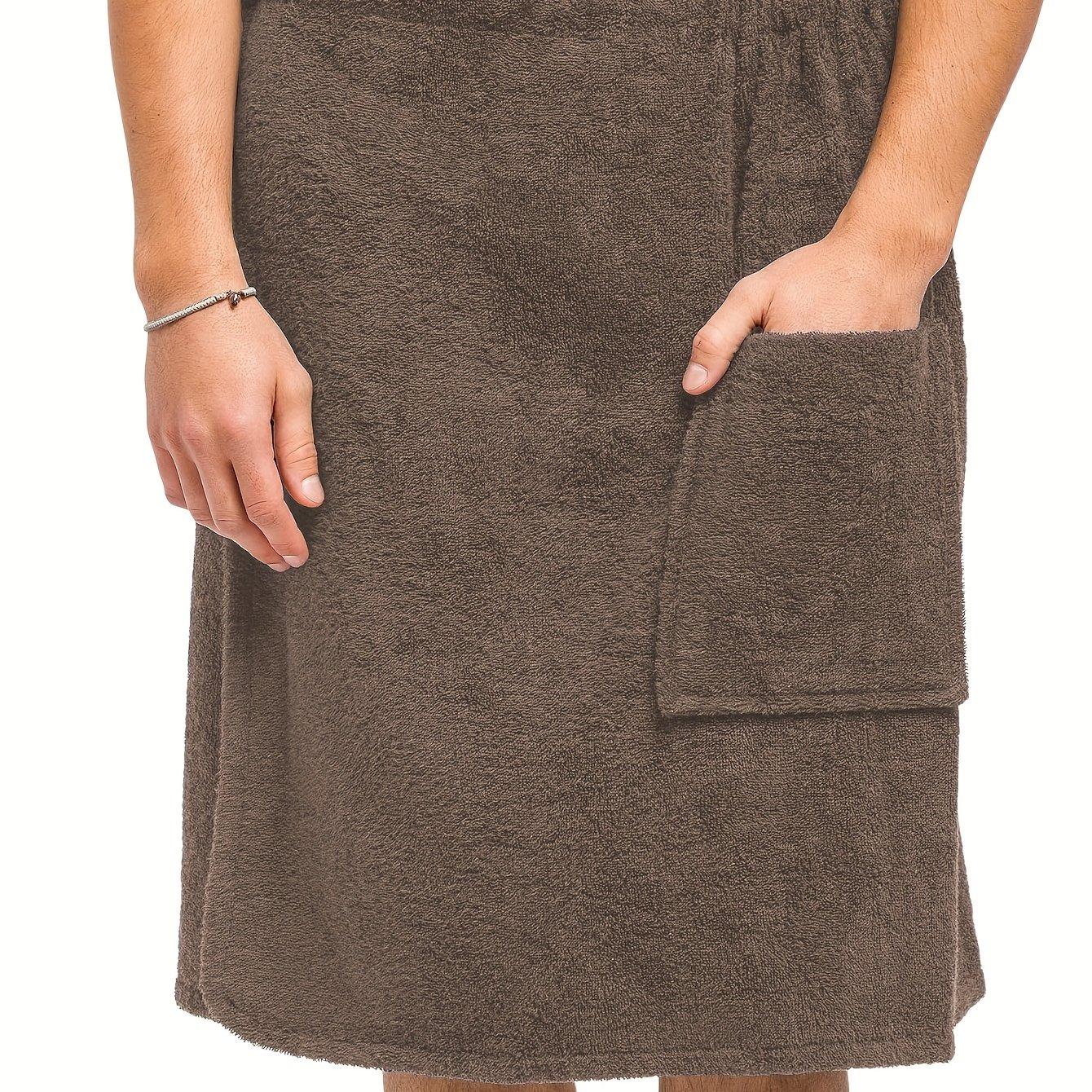 TEMU Men's Bathrobe With Pockets - Thick Absorbent Non-shedding Towel Robe, Off-shoulder Neckline & Sleeveless Design, Machine Washable Plush Fabric For Home, Beach, Spa - Solid Color Regular Fit