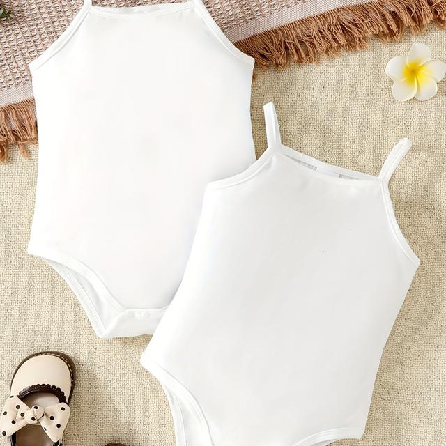 TEMU 2pcs Girls' Summer Bodysuit Set, White Knitted Stretchy Casual Baby Romper With Straps, Perfect For Outdoor