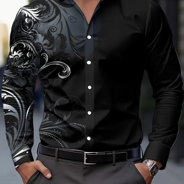 TEMU Men's Retro Floral Gradient Print Long Sleeve Shirt - Ethnic Style Regular Fit Button-up, Machine Washable Casual & Formal Wear For Weddings, Parties, Office, Elegant Shirts For New Years