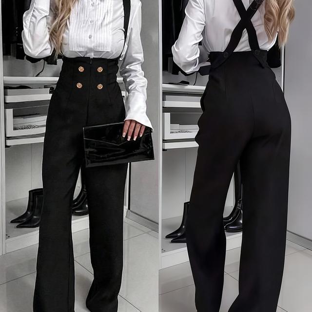 TEMU Fashionable Women's Shoulder Strap Pants | Chic Collarless Solid For Spring/summer/fall