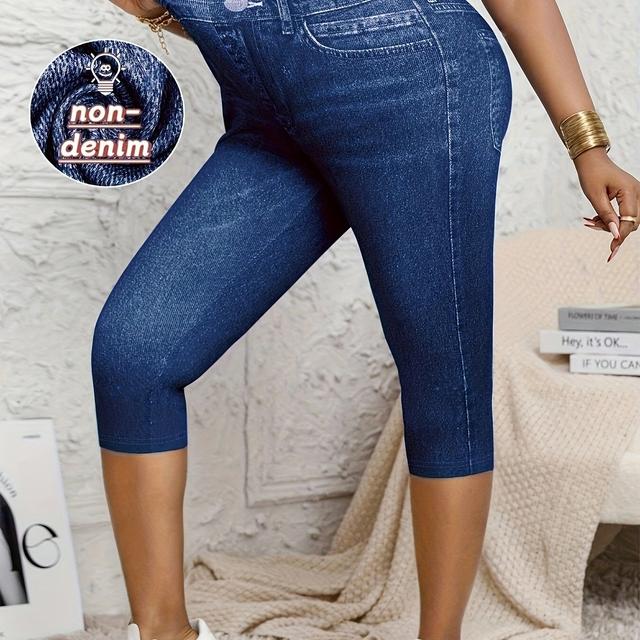 TEMU Plus Size, [printed Pants - Not Denim Fabric] Plus Size Women's Stretch Denim Capri Pants; Casual Summer Style With Elastic Waist