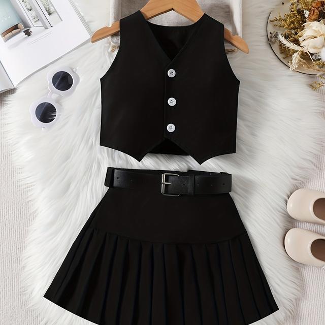 TEMU 3pcs Girls' Fashion V-neck Solid Color Single-breasted Vest Top, Pleated Skirt, Belt Set