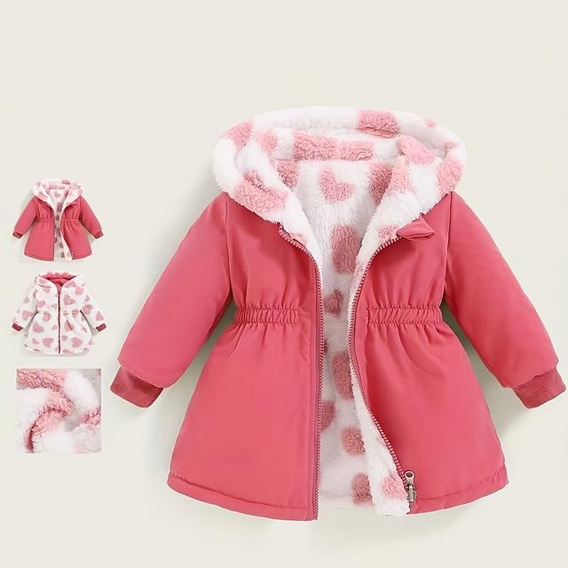 TEMU Girls' Winter Reversible Cartoon Pattern Plush Hooded Outerwear For Toddlers And Young Children