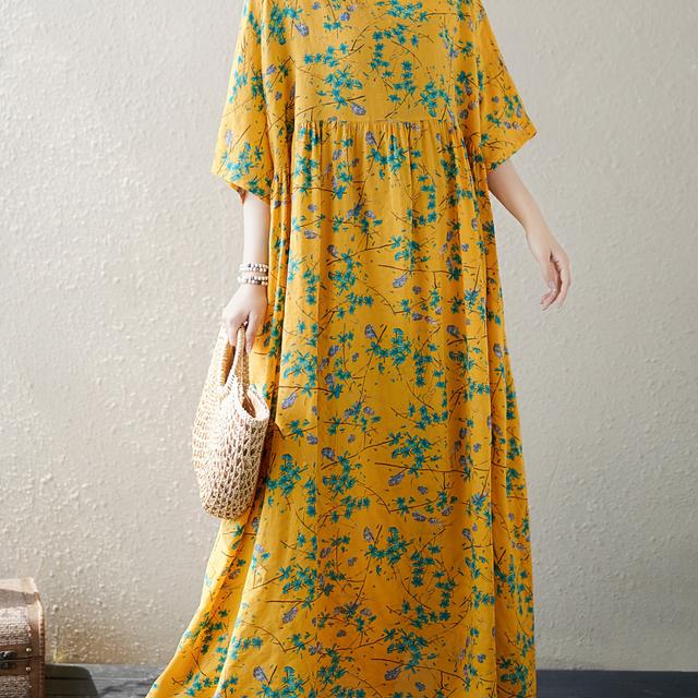 TEMU New Summer Plus-size Bohemian Long Dress With Short Sleeves And A Round Neck Featuring A Stylish Print.