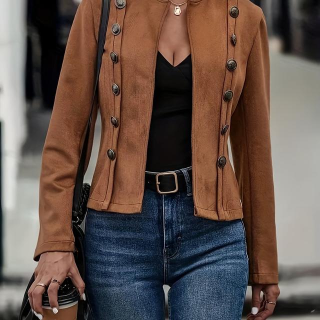 TEMU Einfarbiger Doppelreihiger Dekorativer Jacket, Vintage Langarm-Mantel für Frühling Herbst, Modische Kurze Strickjacke als Oberbekleidung