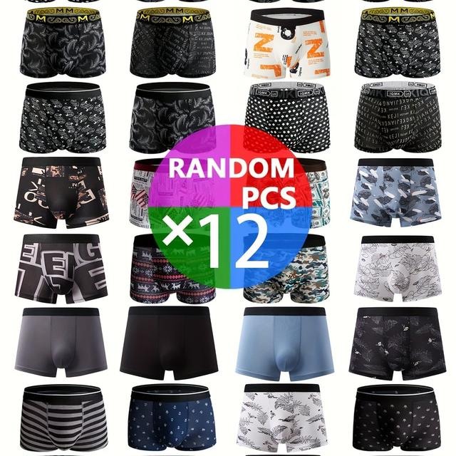 TEMU 12pcs Men's Elastic Boxer Briefs With Stylish Print - Soft, Comfortable, And Breathable Polyester-spandex Blend For Wear, Hand Wash Only, Assorted Patterns (random Styles)