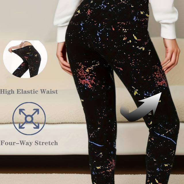 TEMU Plus Size - Plus Size - Middle Eastern Plus-size Black Ink-splashing Leggings, Casual Ultra-elastic Tights For Women, Comfortable Moisture-wicking Stretch Apparel