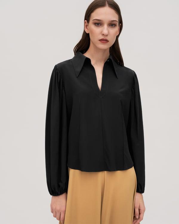 LILYSILK Women's Puff Sleeve Crepe De Chine Silk Elegant V-Neck Blouse Black XXL