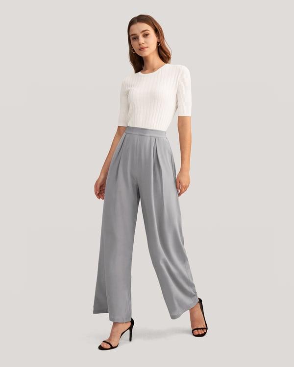 LILYSILK Pantalon Large Soie Femme Élégant Gris Perle, Crêpe de Soie, Léger et Infroissable