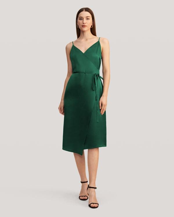 LILYSILK Silk Evening Dress, Green Jade, S, V-Neck Tie Waist, Smooth Charmeuse Silk, Elegant, Formal Gown