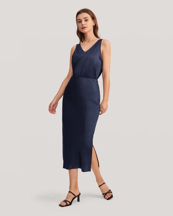 LILYSILK Jupe Midi Femme en Soie 22 Momme Élégante à Fente Latérale Bleu Marine 34