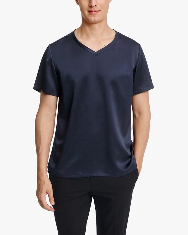 LILYSILK T Shirt En Soie Homme Bleu Marine Col En V, Manches Courtes 100% Soie Crêpe De Chine Respirant Super Léger T Shirt M