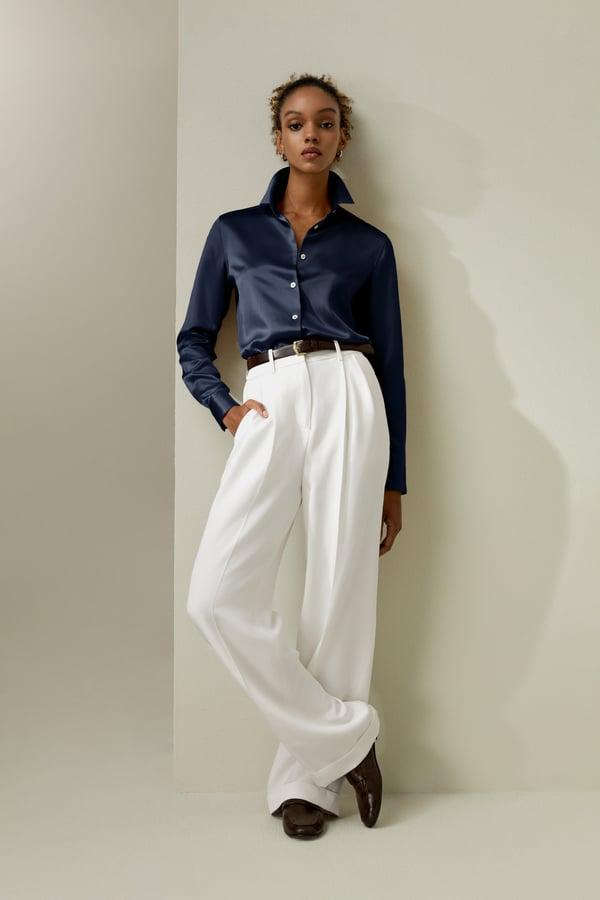 LILYSILK Chemise Soie Femme Bleu Marine M Col ¨¦tal¨¦ Boutons Coquille Coupe Classique Luxe Doux