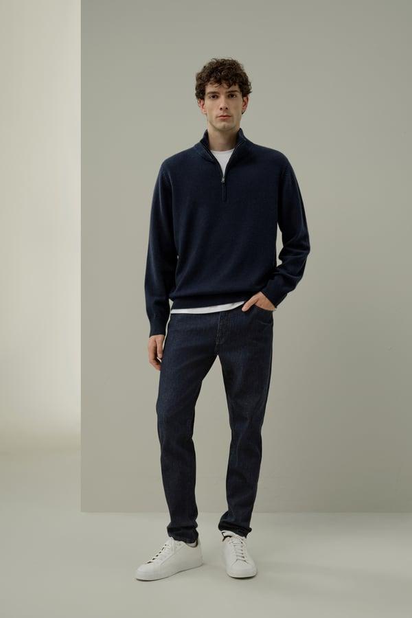 LILYSILK Pull Zippé Col Montant En Laine Mélangée Coupe Classique Bleu Marine Xl