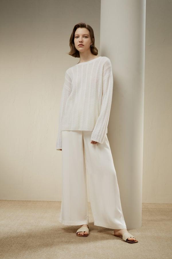 LILYSILK Pull En Cachemire Blanc Tissé Avec Un Brin De Fil 100% Cachemire Une Touche D'Élégance Dans Votre Vie XL