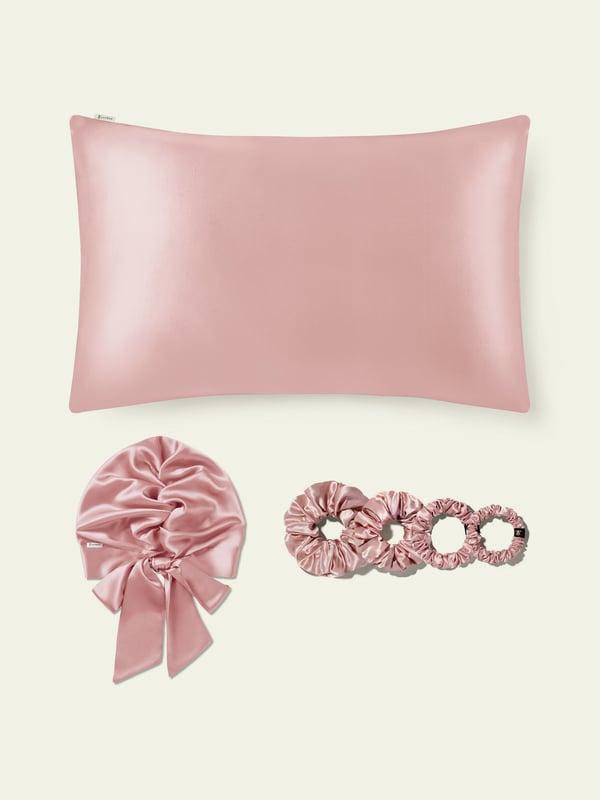 LILYSILK Ensemble Soin Cheveux Rose Pastel 40x60cm, Taie d'Oreiller, Bonnet Nuit & Chouchous Soie 100% Naturelle, Anti-Frisottis & Anti-Casse