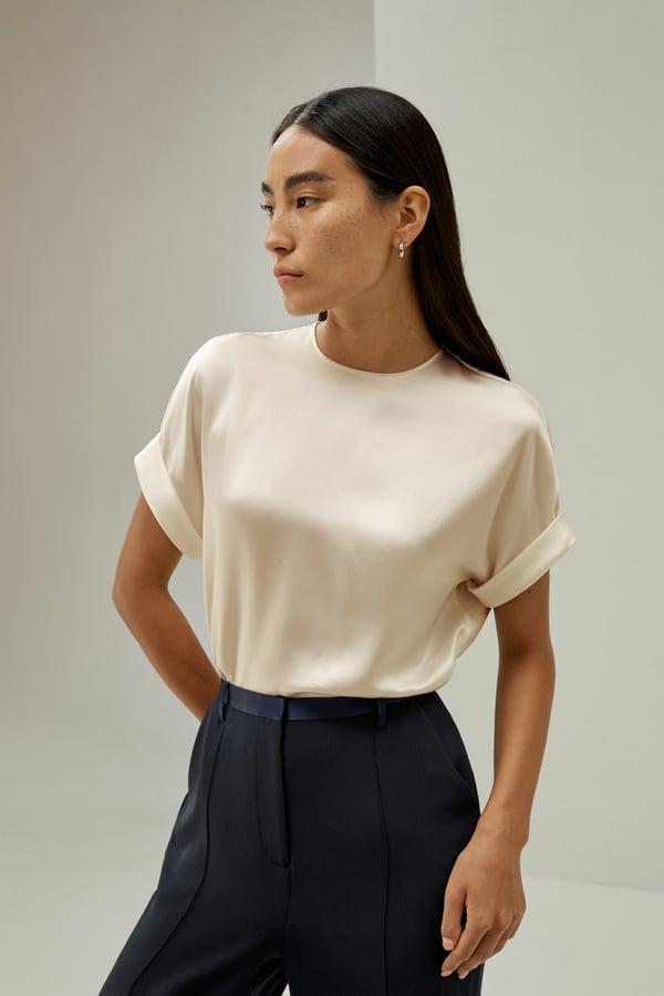 LILYSILK Women's Silk Tee, Oblique Sleeves, Round Neck, 100% Silk, Gravel Gold, L