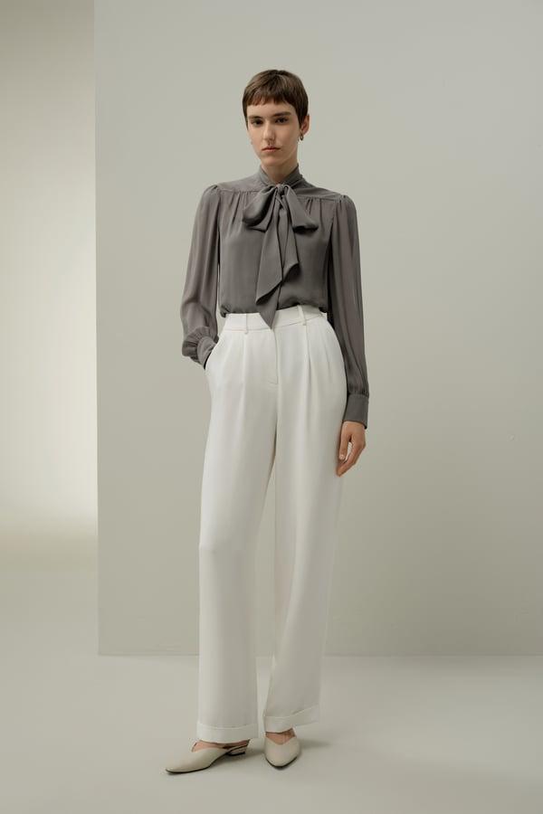 LILYSILK Chemise Jasmin Soie Georgette L¨¦g¨¨re Noeud Gris Fonc¨¦ XS