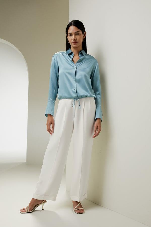 LILYSILK Blouse En Soie Bleu Vapeur Volants À L'Ourlet Et Aux Manches 100% Soie Naturelle Bon Rapport Qualité-Prix, Respectueux De La Peau XS