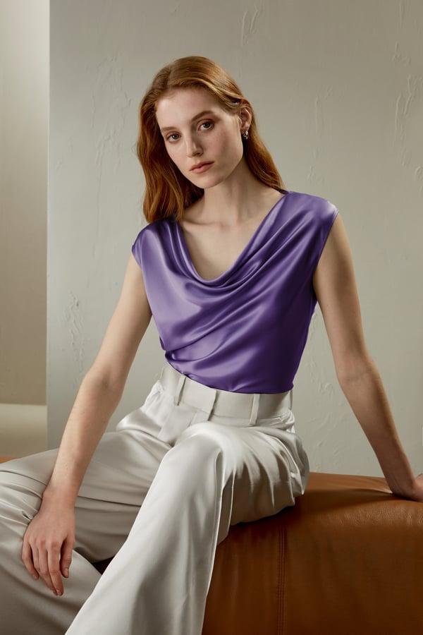 LILYSILK Top Soie Col Rond, Sans Manches Pure Soie Élégance Sans Effort Une Élégance Intemporelle Violet Foncé 46