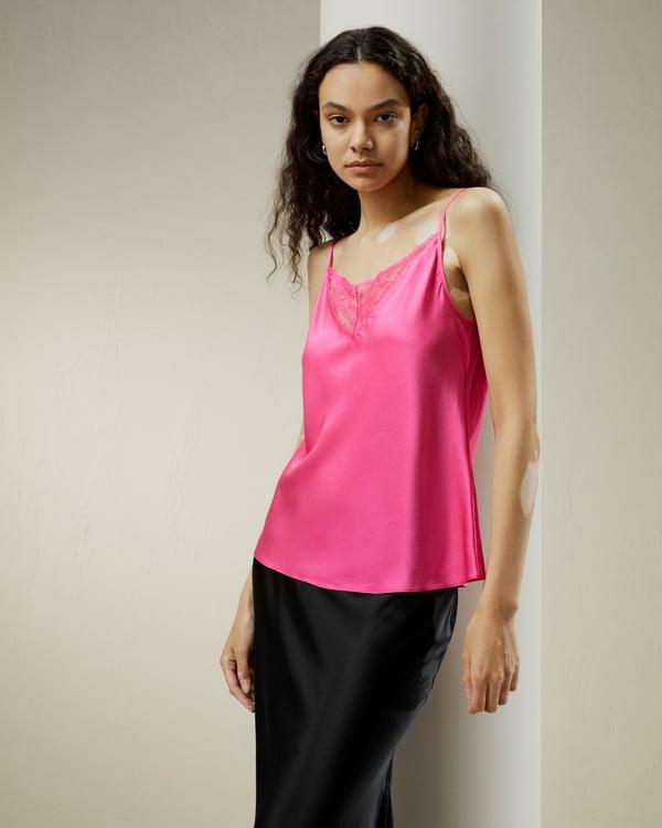 LILYSILK Caraco 2 en 1 Soie Dentelle Magenta L - Bretelles R¨¦glables, Doux & ¨¦l¨¦gant