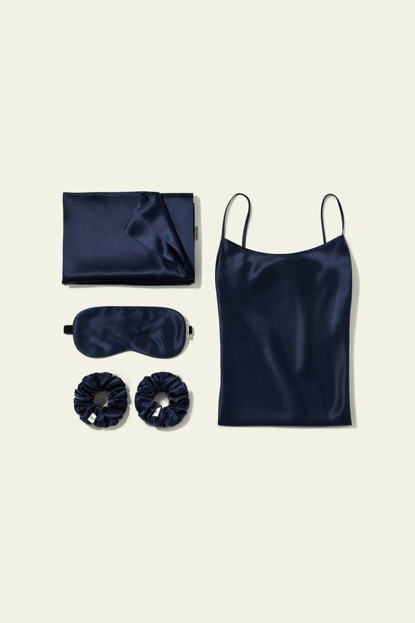 LILYSILK Ensemble Cadeau Nuit Soie Bleu Marine M - Chemise, Taie d'Oreiller 22 Momme, Masque, Chouchous