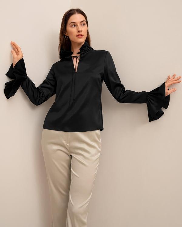 LILYSILK Women's Vintage 22 Momme Silk Ruffled Tie-Neck Blouse Top Black S