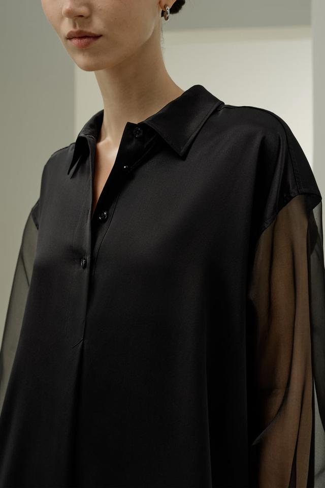 LILYSILK Silk Blouse with Organza Sleeves, Black XS - Sheer, Oversized Silk Charmeuse Top for Effortless Elegance