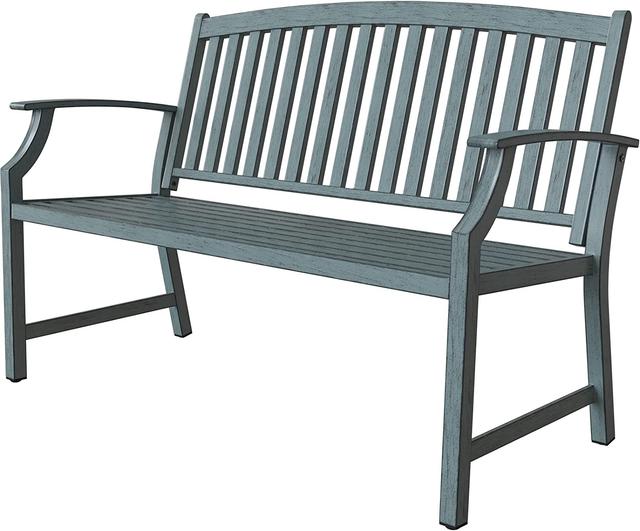 Outdoor Benches - Anti-Rust Aluminum and Steel Garden Bench with Faux Wood Finish for Patio and Park Furniture Weathered Blue