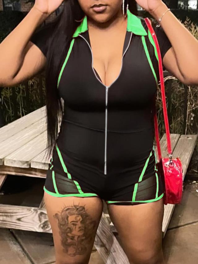 LW Plus Size Turndown Collar Striped Romper 0X